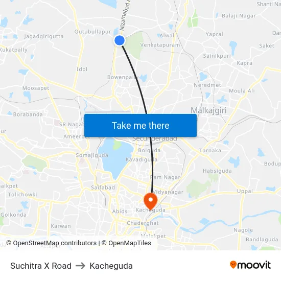 Suchitra X Road to Kacheguda map