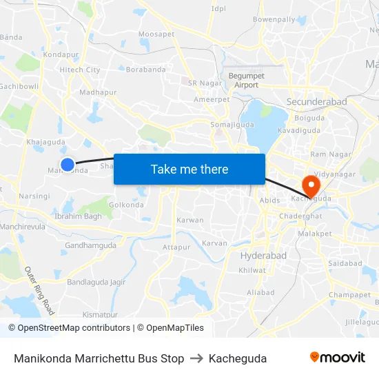 Manikonda Marrichettu Bus Stop to Kacheguda map