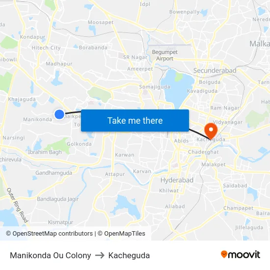 Manikonda Ou Colony to Kacheguda map