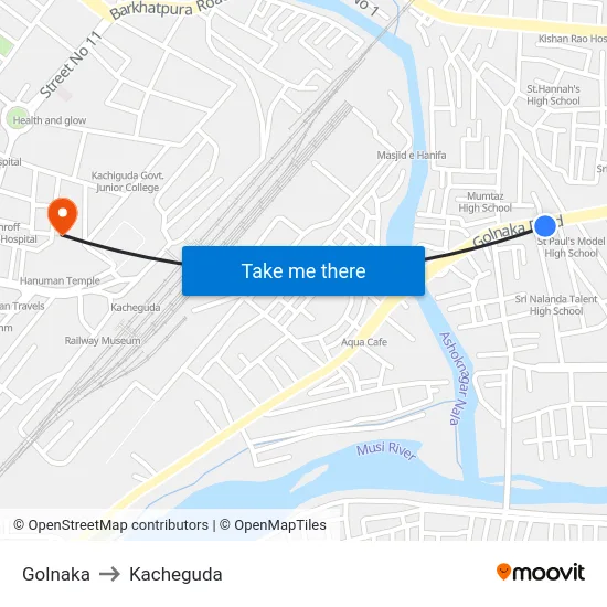 Golnaka to Kacheguda map