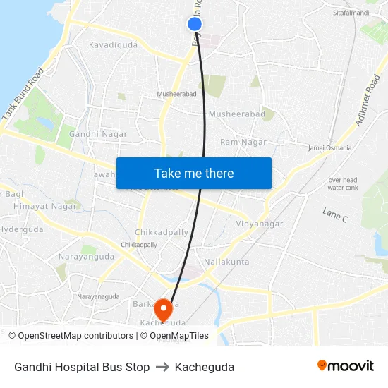 Gandhi Hospital Bus Stop to Kacheguda map