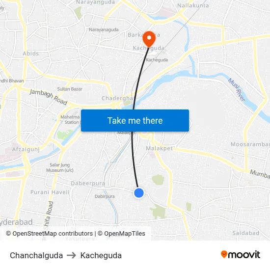 Chanchalguda to Kacheguda map