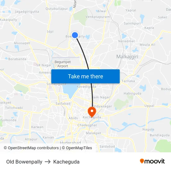 Old Bowenpally to Kacheguda map