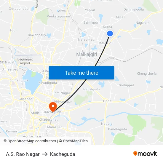 A.S. Rao Nagar to Kacheguda map