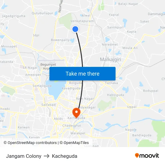 Jangam Colony to Kacheguda map