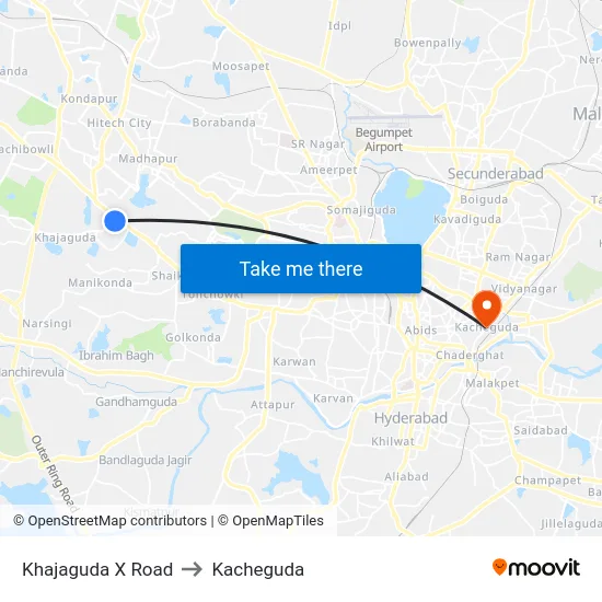 Khajaguda X Road to Kacheguda map