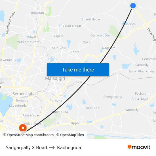 Yadgarpally X Road to Kacheguda map