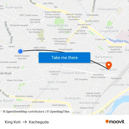King Koti to Kacheguda map