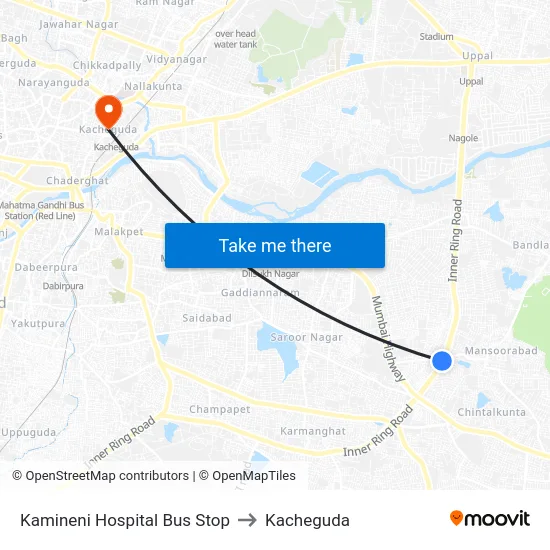 Kamineni Hospital Bus Stop to Kacheguda map