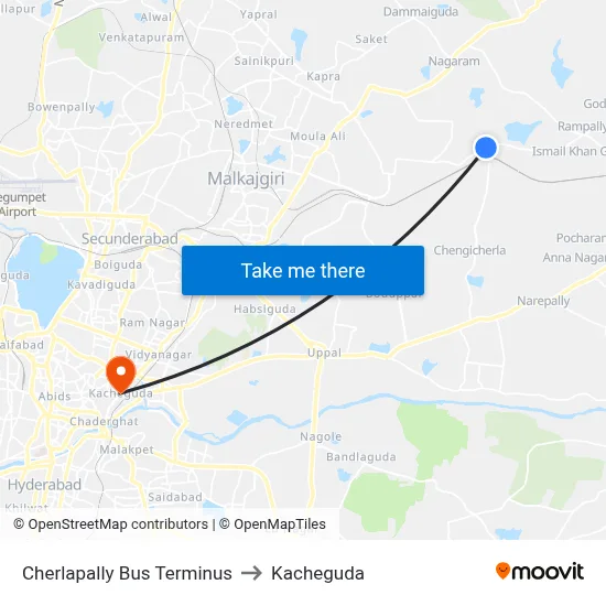 Cherlapally Bus Terminus to Kacheguda map