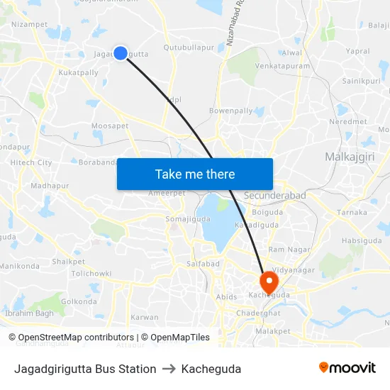 Jagadgirigutta Bus Station to Kacheguda map