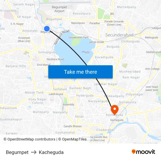 Begumpet to Kacheguda map