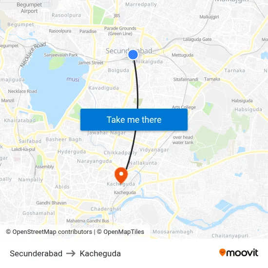 Secunderabad to Kacheguda map