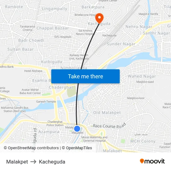 Malakpet to Kacheguda map