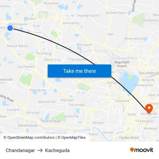 Chandanagar to Kacheguda map