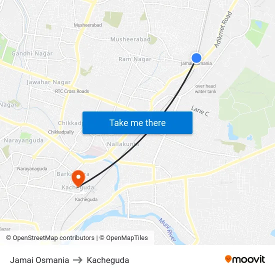 Jamai Osmania to Kacheguda map