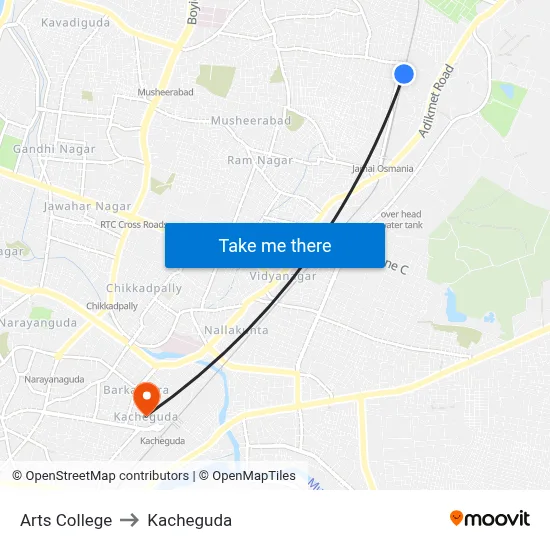 Arts College to Kacheguda map
