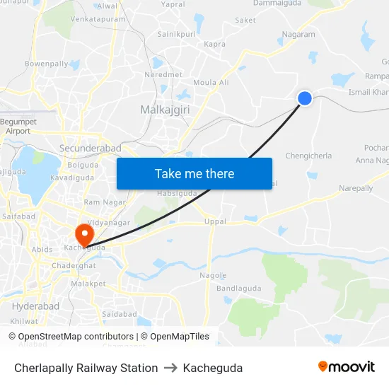 Cherlapally Railway Station to Kacheguda map