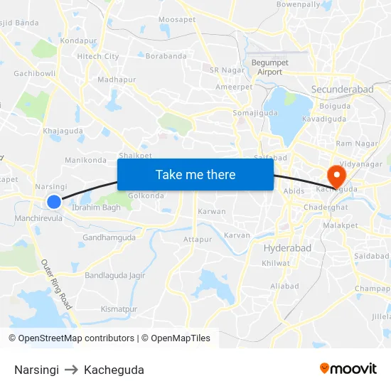 Narsingi to Kacheguda map