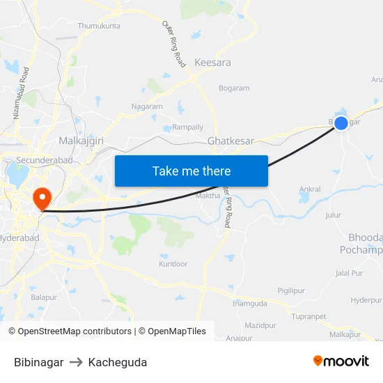 Bibinagar to Kacheguda map