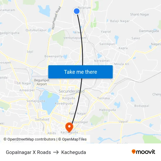 Gopalnagar X Roads to Kacheguda map