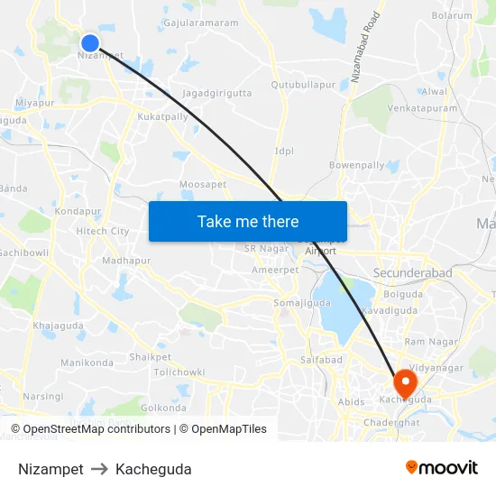 Nizampet to Kacheguda map