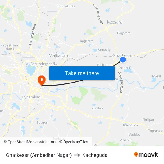 Ghatkesar (Ambedkar Nagar) to Kacheguda map