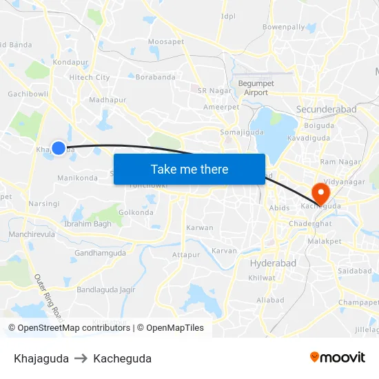 Khajaguda to Kacheguda map