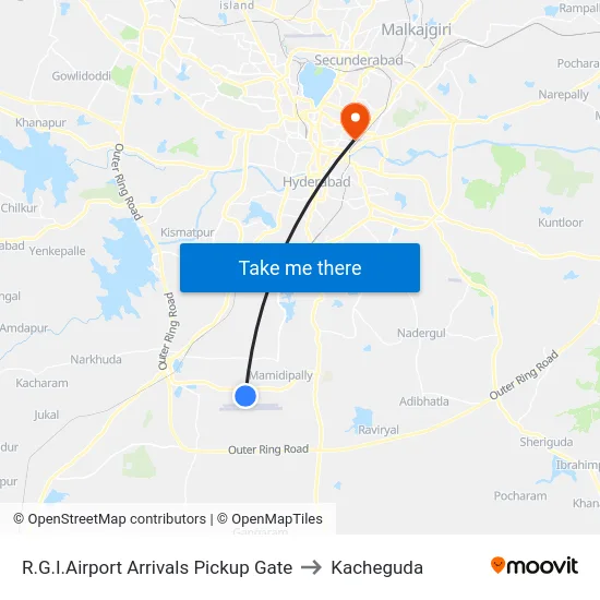R.G.I.Airport Arrivals Pickup Gate to Kacheguda map