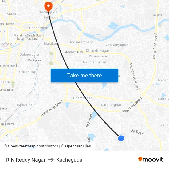 R.N Reddy Nagar to Kacheguda map