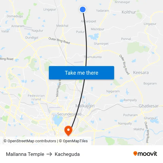Mallanna Temple to Kacheguda map