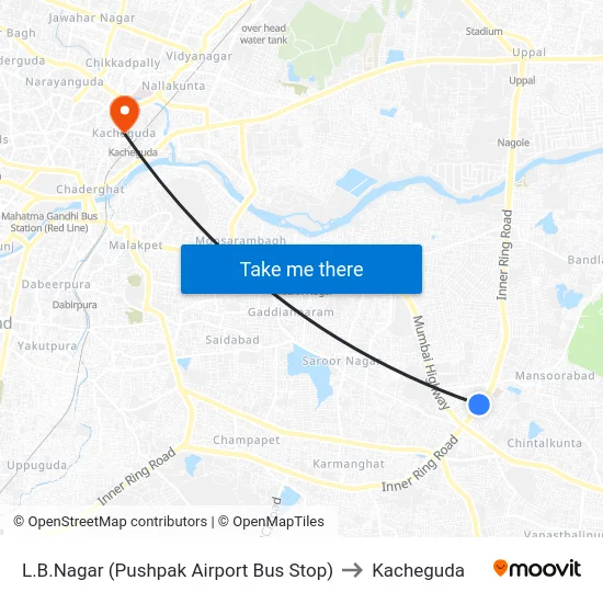 L.B.Nagar (Pushpak Airport Bus Stop) to Kacheguda map