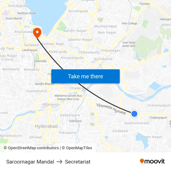Saroornagar Mandal to Secretariat map