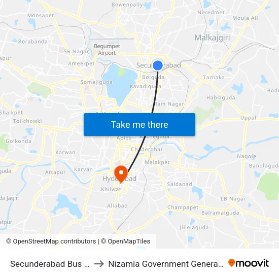 Secunderabad Bus Station to Nizamia Government General Hospital map