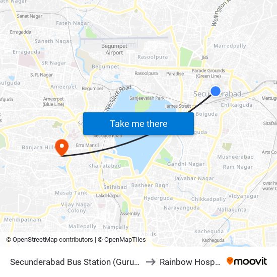 Secunderabad Bus Station (Gurudwara) to Rainbow Hospitals map