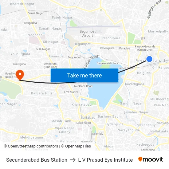 Secunderabad Bus Station to L V Prasad Eye Institute map