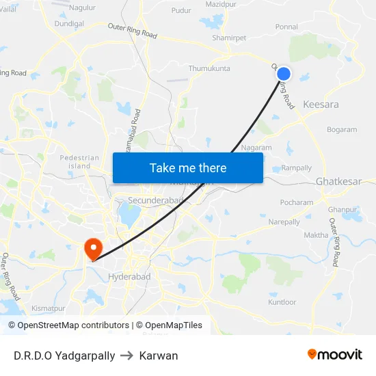 D.R.D.O Yadgarpally to Karwan map