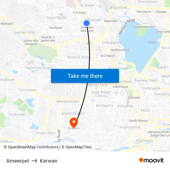 Ameerpet to Karwan map