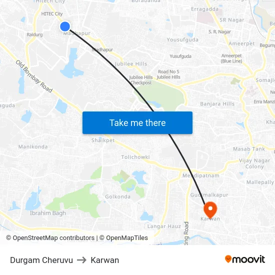 Durgam Cheruvu to Karwan map