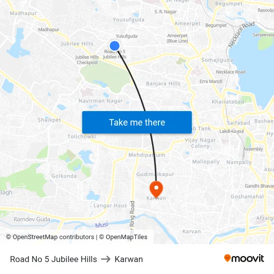 Road No 5 Jubilee Hills to Karwan map