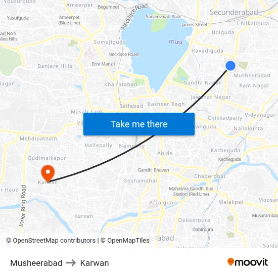 Musheerabad to Karwan map