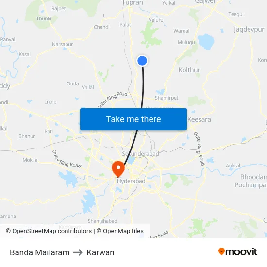 Banda Mailaram to Karwan map
