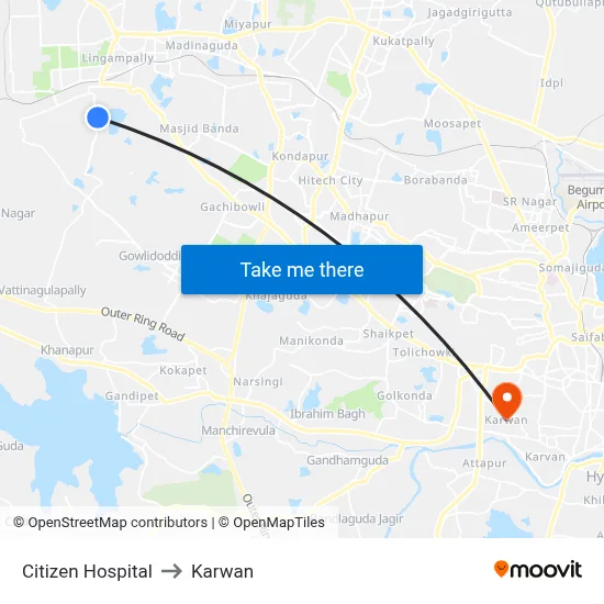 Citizen Hospital to Karwan map