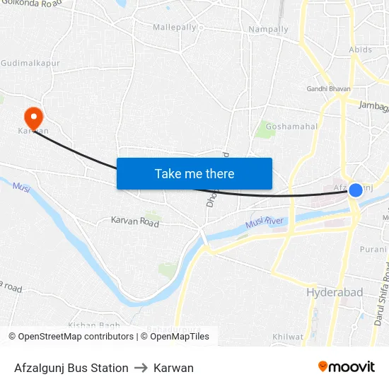Afzalgunj Bus Station to Karwan map