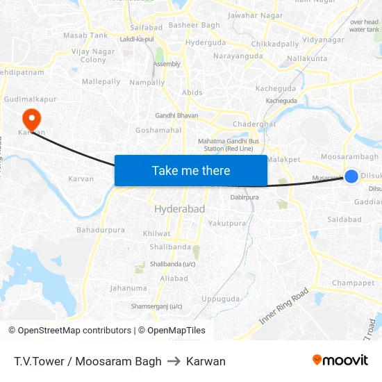T.V.Tower / Moosaram Bagh to Karwan map