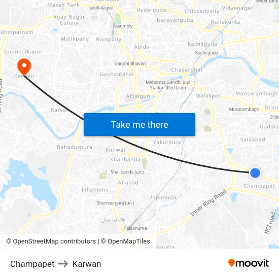 Champapet to Karwan map