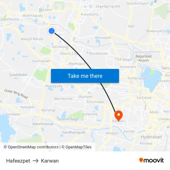 Hafeezpet to Karwan map