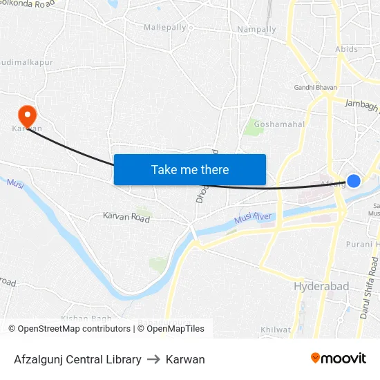 Afzalgunj Central Library to Karwan map