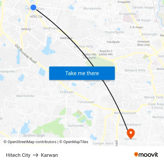 Hitech City to Karwan map