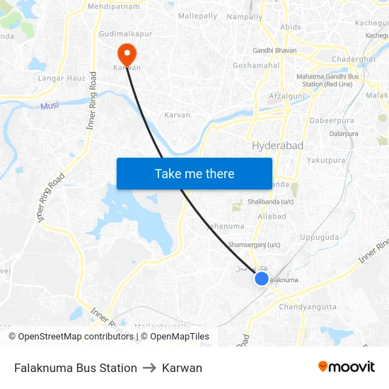 Falaknuma Bus Station to Karwan map
